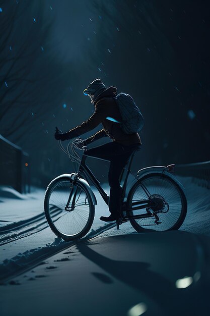 밤에 눈 속에서 자전거를 타는 남자