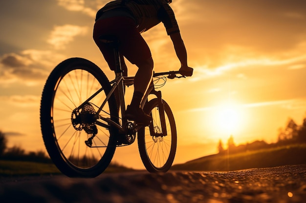 ぼかした背景に日没時に道路で自転車に乗っている男性