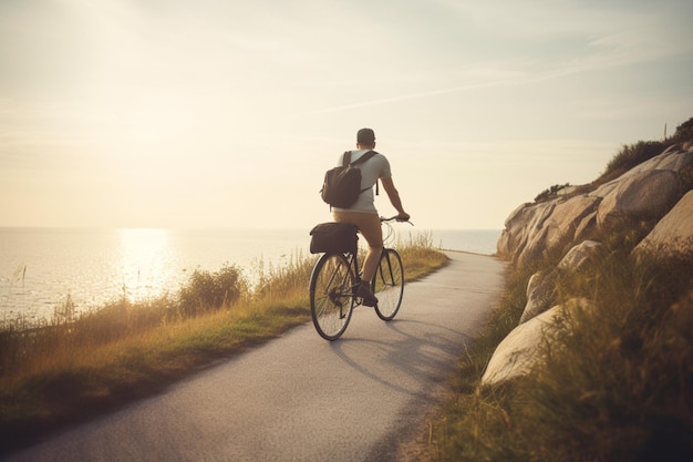 мужчина едет на велосипеде по живописной прибрежной дороге, ведет активный и здоровый образ жизни