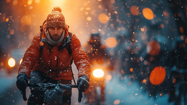 Man riding a bicycle in winter