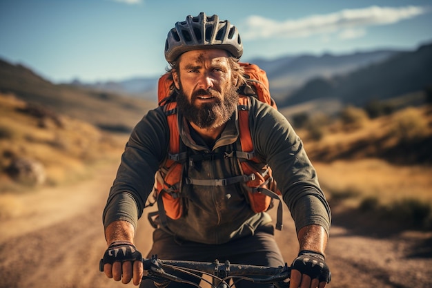 Photo man riding bike on autumn road in the forest