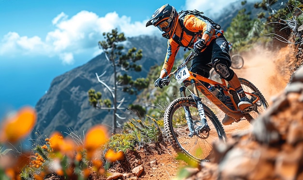 a man riding a bike on a dirt road with a man on the back