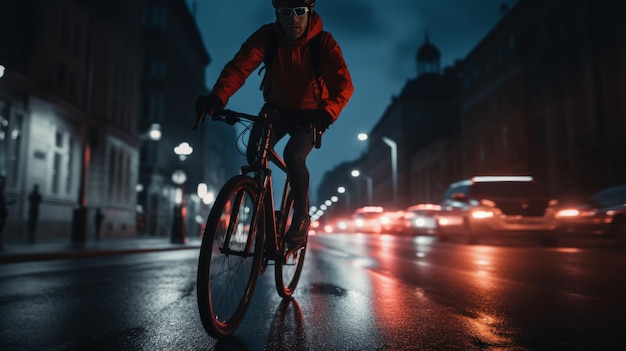 A Man Riding a Bike Down a City Street at Night