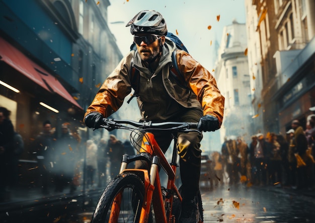 A man riding a bike down a city street