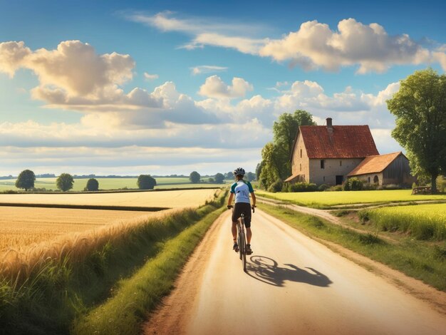 a man riding a bike down a dirt road next to a field