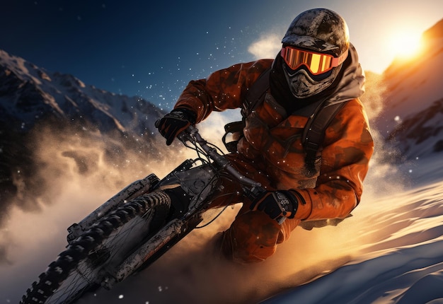 Man Riding Bike Down Snowy Slope