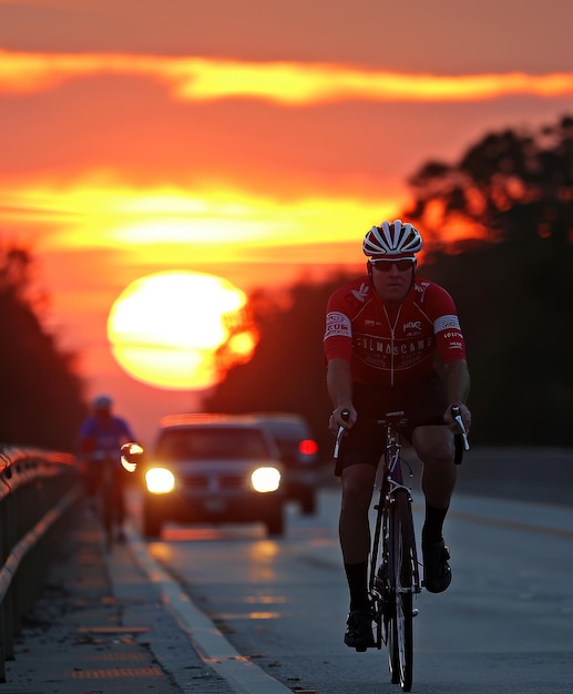 Man Riding Bike Down Street at Sunset