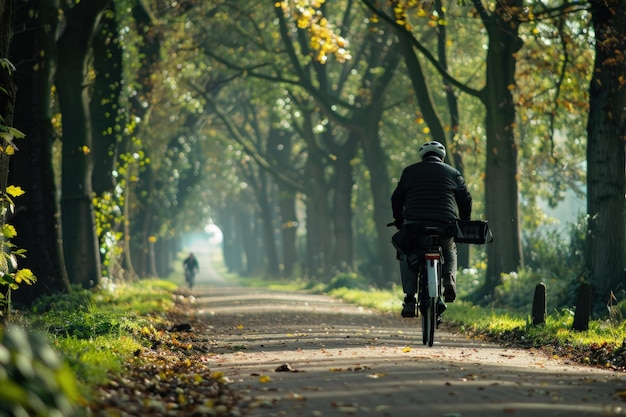 나무로 둘러싸인 도로를 따라 자전거를 타고 있는 남자