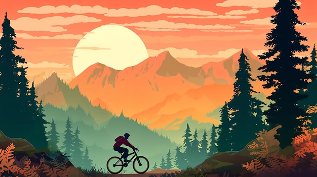 Photo a man riding a bike in front of a mountain landscape.