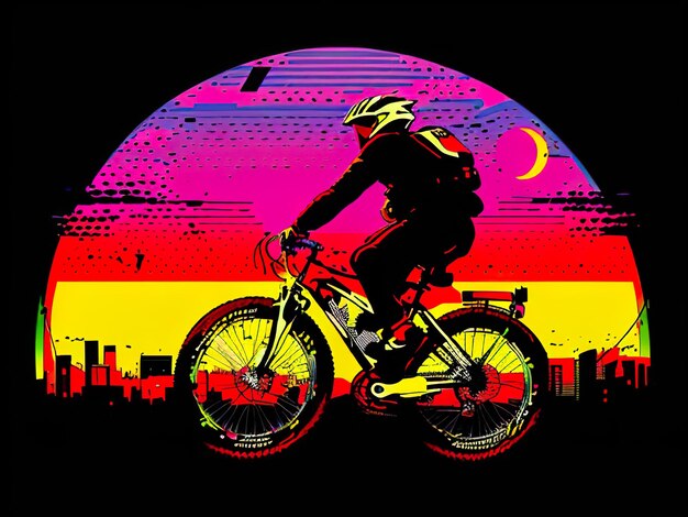 A man riding a bike in front of a sunset with a colorful background.