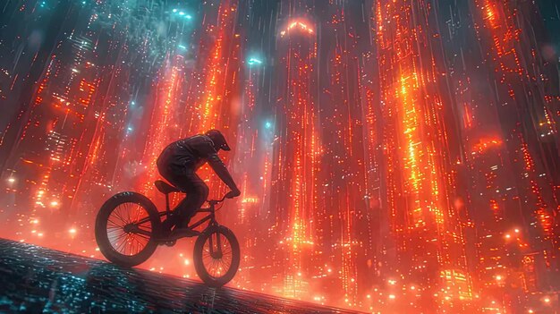 A man riding a bike in a futuristic city