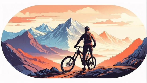 A man riding a bike on the mountain forest vintage flat design muted colors illustration