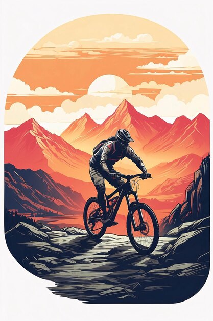 A Man Riding A Bike on the Mountain Forest Vintage Flat design muted colors Illustration