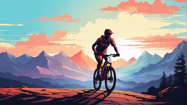 A man riding a bike on the mountain forest vintage flat design muted colors illustration