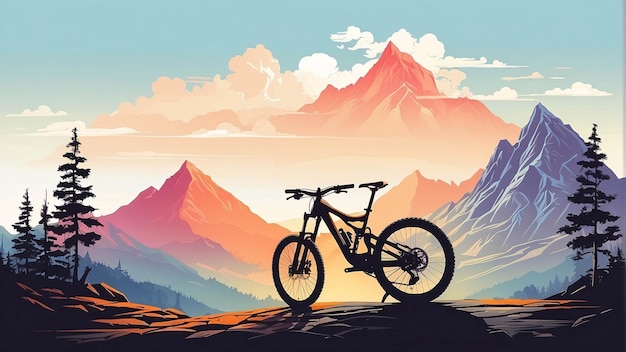 Photo a man riding a bike on the mountain forest vintage flat design muted colors illustration