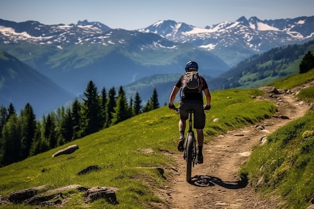 Man riding a bike on mountain path