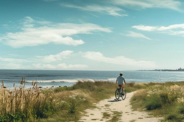 Photo a man riding a bike on a path by the ocean.