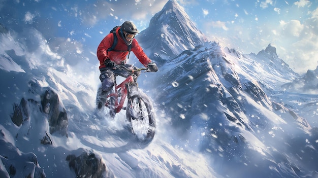 a man riding a bike in the snow with a mountain in the background