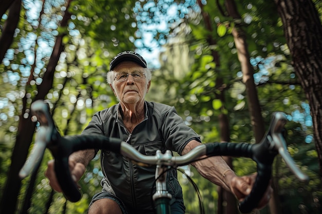 A man riding a bike through a forest