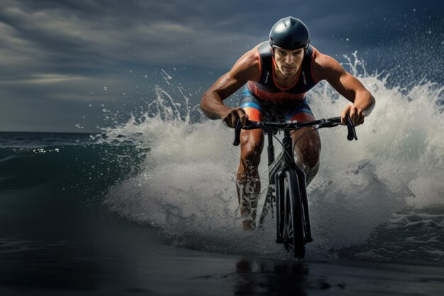 Photo a man riding a bike through a wave in the ocean