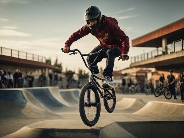 Foto un uomo che va in bicicletta sul lato di una rampa in uno skate park