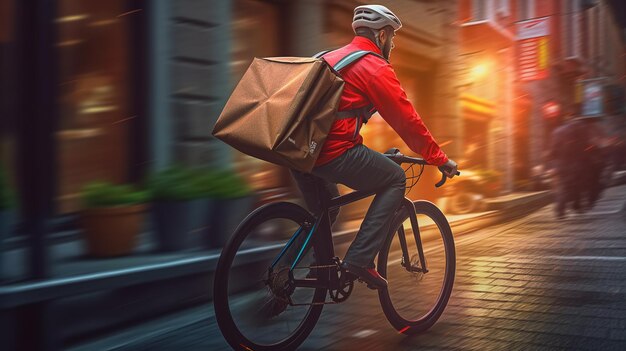 A man riding a bike with a bag on his back