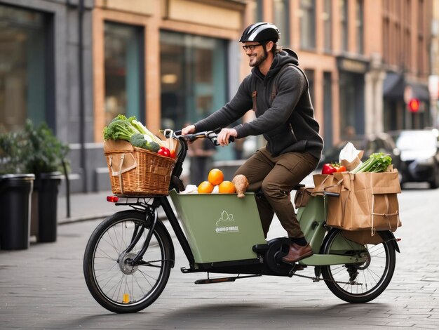 Foto un uomo in bicicletta con un cesto di verdure sul retro