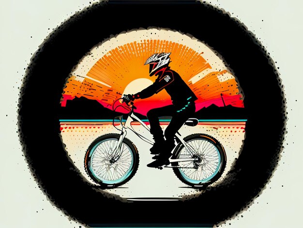 A man riding a bike with the sun setting behind him.