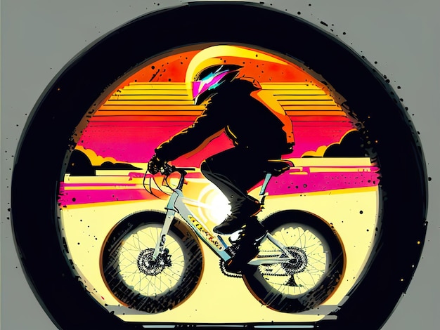 バイクに乗っている男性が背景に日没を描いています