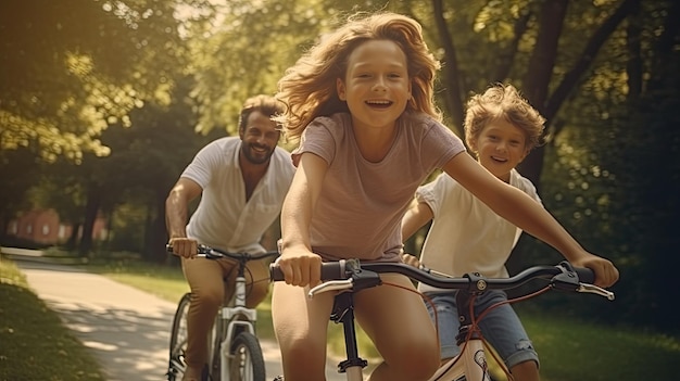 Мужчина катается на велосипеде с двумя детьми на свежем воздухе. Семейный отдых. День отца.