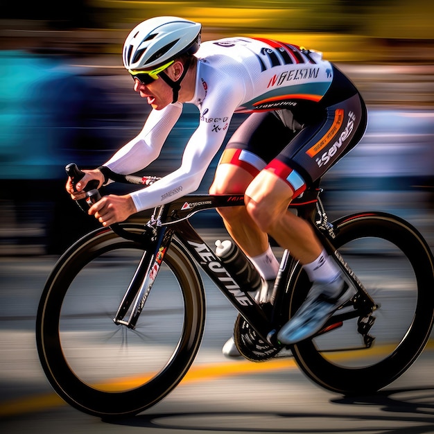 A man riding a bike with the word red on the front of it.