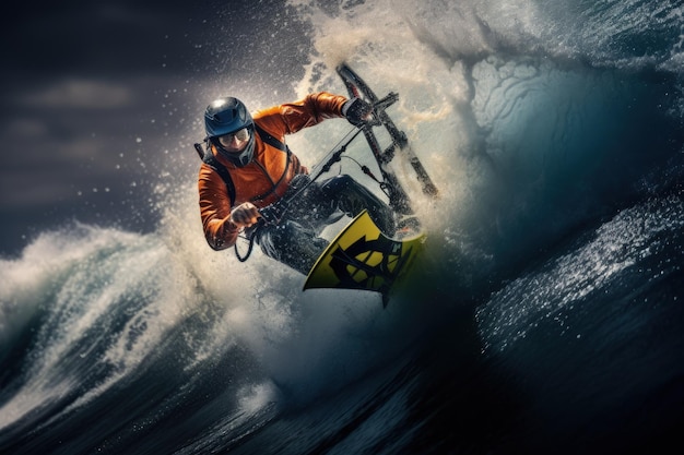 Photo a man riding a board on top of a wave