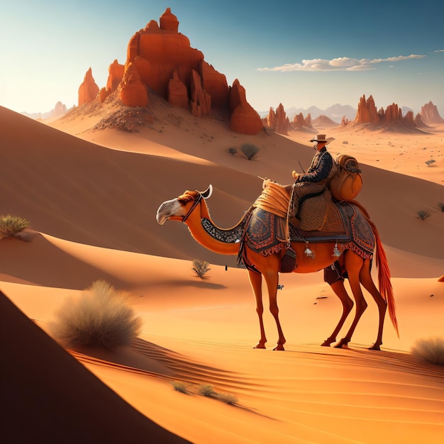 A man riding a camel in a desert with a desert landscape in the background.