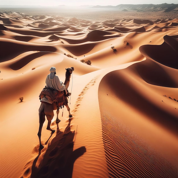 Foto uomo a cavallo di cammello nel deserto con dune di sabbia sullo sfondo