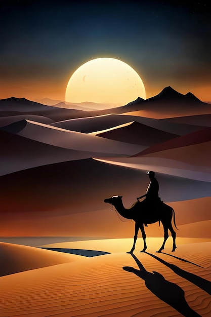 A man riding a camel in the desert with the sun behind him.