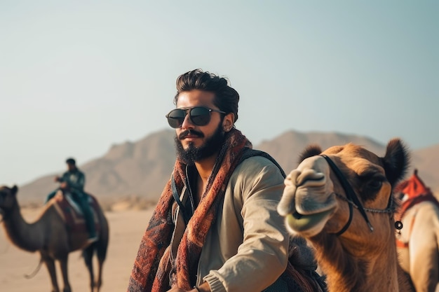 A man riding a camel in the desert