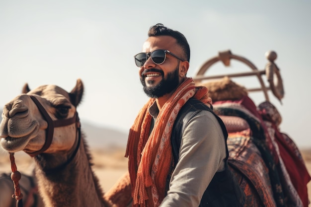 Foto un uomo che cavalca un cammello nel deserto