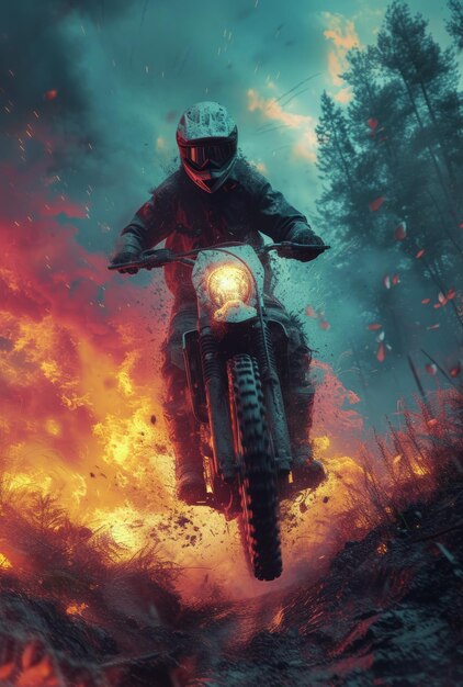 Man riding classic motorcycle through the flames digital art style