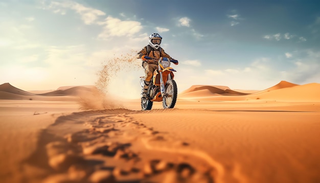 A man riding a dirt bike in the desert