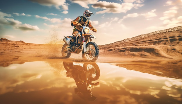 A man riding a dirt bike in the desert