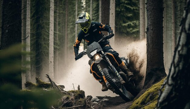 A man riding a dirt bike in a forest