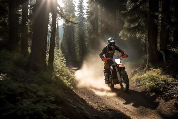 森でダートバイクに乗る男