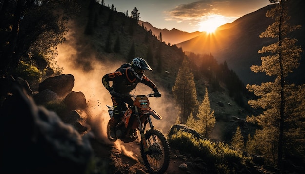 A man riding a dirt bike in front of a sunset