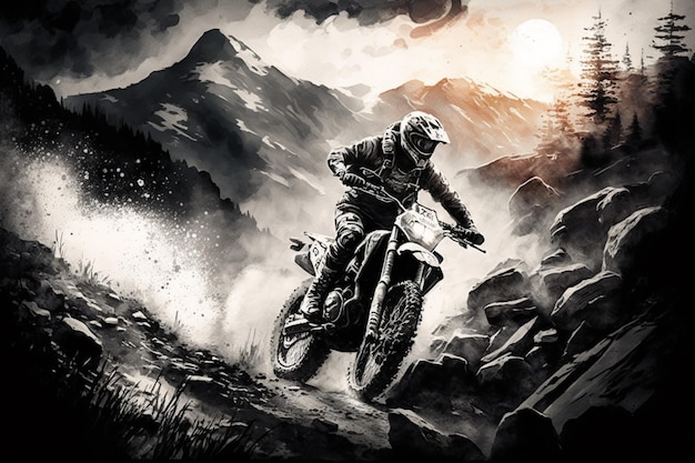 A man riding a dirt bike on a mountain trail