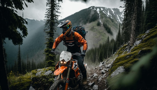 A man riding a dirt bike on a mountain trail