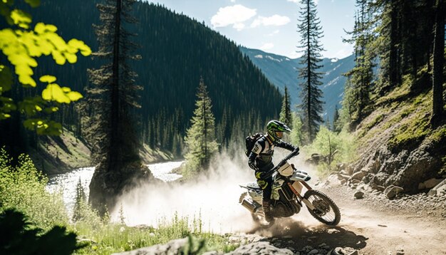 A man riding a dirt bike in the mountains