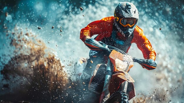 Photo man riding dirt bike through the air generative ai