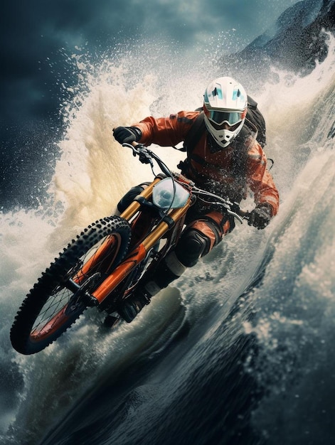 Photo a man riding a dirt bike on top of a wave