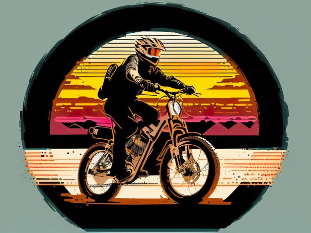 A man riding a dirt bike with a sunset in the background.