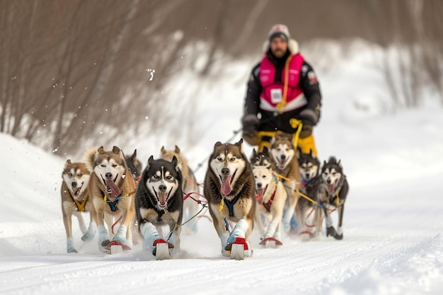 a man riding a dog sled down a snow covered slope